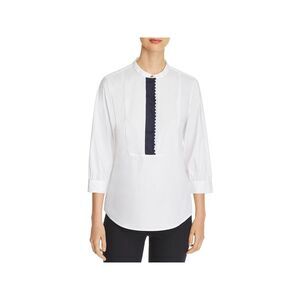DONNA KARAN Womens White 3/4 Sleeve Bib Neck Wear To Work Top XS